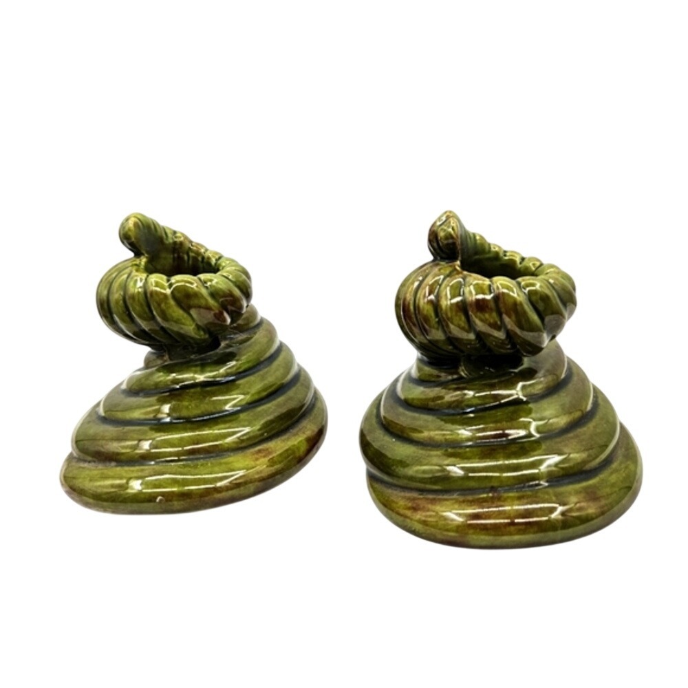 Vintage Green Spiral Ceramic Candle Holders Set of 2 Glossy Drip Glaze MCM Style